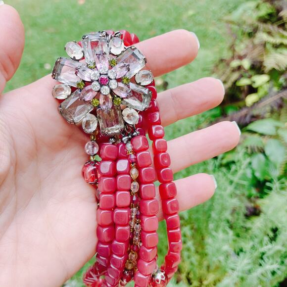 VTG Signed Avon Multistrand Red Bead Rhinestone Statement Necklace Unique Retro - Picture 4 of 11